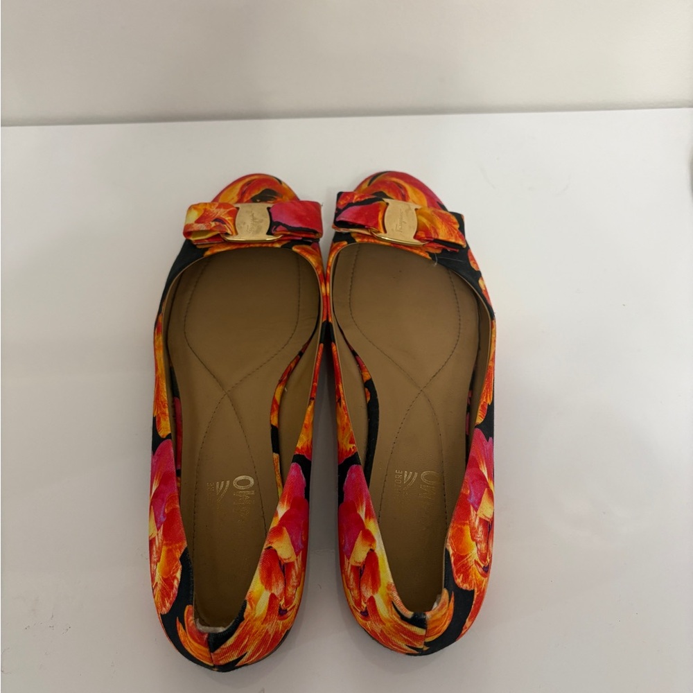 Ferragamo orange and pink floral flats